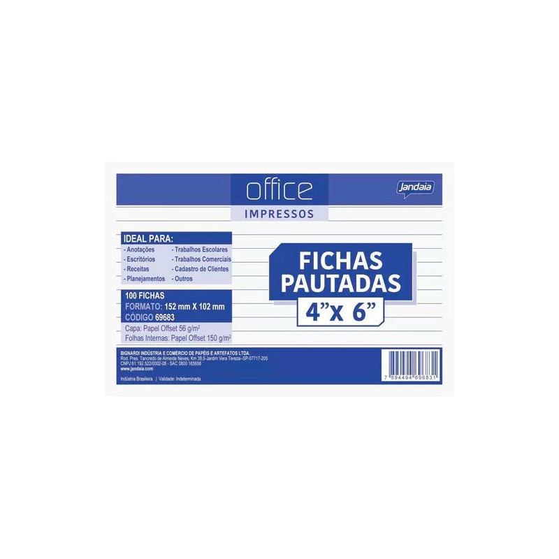 BLOCO FICHA PAUTADA 152X102MM 100FLS OFFICE IMPRESSOS JANDAIA