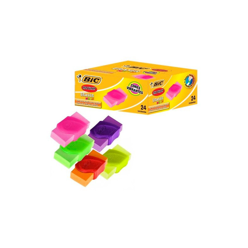 BORRACHA NEON SORTIDA COM CINTA PLASTICA NEON ATOXICA C/24 UN BIC