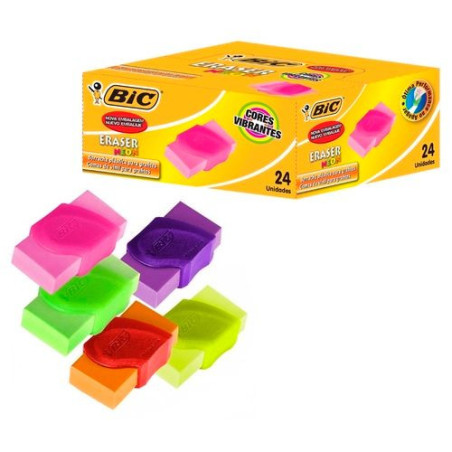 BORRACHA NEON SORTIDA COM CINTA PLASTICA NEON ATOXICA C/24 UN BIC