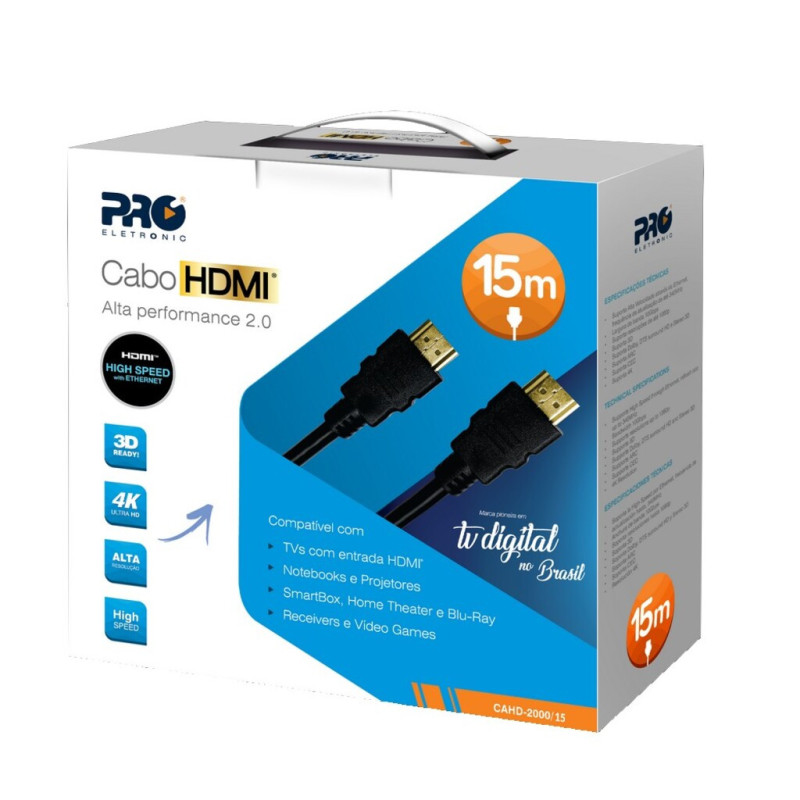 Cabo HDMI Macho x Macho 2.0 3D 4K 19 Pinos 15,0 Metros - Proeletronic - CAHD-2000/15 Cabo HDMI Macho x Macho 2.0 3D 4K 19 Pinos 15,0 Metros - Proeletronic - CAHD-2000/15