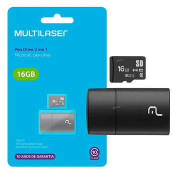 Cartão de Memória Multilaser 16 GB Micro SD+USB Adaptador Classe 10 - MC162