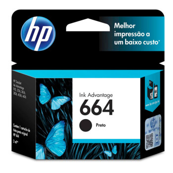Cartucho de Tinta HP 664 Preto Original - F6V29AB - 120 páginas para 2136, 2676, 3776, 5076, 5276