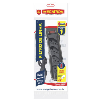 Filtro de Linha Megatron com 4 Tomadas 10A 3 Pinos Bivolt 1 Metro Preto - 61 - Circuit Breaker