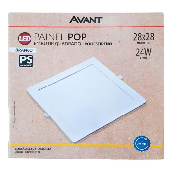 PAINEL LED POP EMBUTIR QUADRADO 28X28 BRANCO 6500K 24W BIVOLT 1440PS BRANCA AVANT 903021373