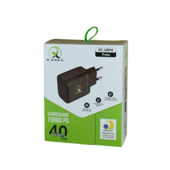 Carregador de Celular Parede com 1 Porta Type-C 3.0A 40W GaN PD Bivolt Preto X-Cell - XC-UR90P