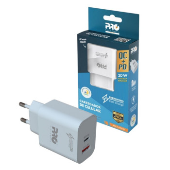Carregador de Celular Parede com 2 Portas USB/Type-C 3.0A 20W Ultra Rápido Bivolt Branco Proeletronic - PQCA-1000/20
