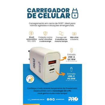 Carregador de Celular Parede com 2 Portas USB/Type-C 3.0A 20W Ultra Rápido Bivolt Branco Proeletronic - PQCA-1000/20