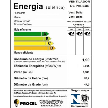 Ventilador de Parede Venti Delta 40CM Bivolt 140 Watts 6 Pás Preto - 57-4300