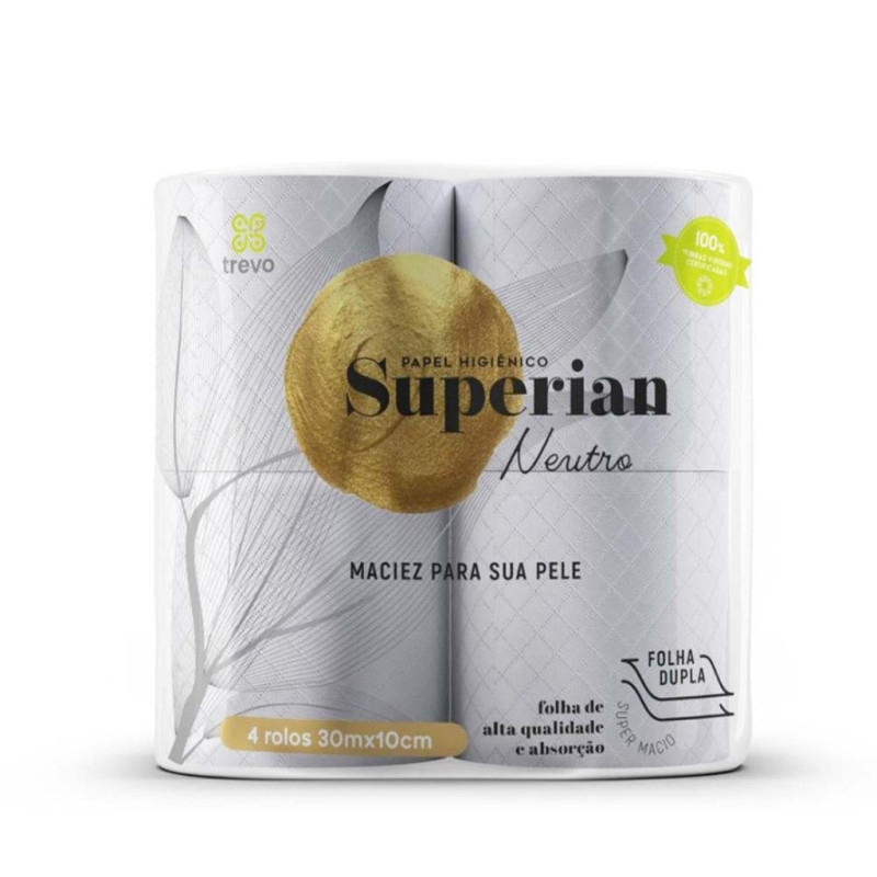 Papel Higiênico Branco Trevo Neutro 10cm x 30 Metros Folha Dupla 100% Celulose - 2679 - Pacote com 4 Rolos Papel Higiênico Branco Trevo Neutro 10cm x 30 Metros Folha Dupla 100% Celulose - 2679 - Pacote com 4 Rolos