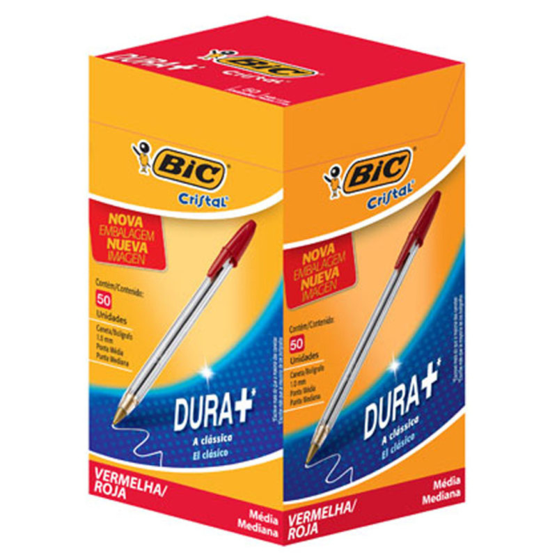 Caneta Esferográfica 1.0mm Cristal Dura+ Vermelha - Bic - Caixa com 50 Unidades - 835206