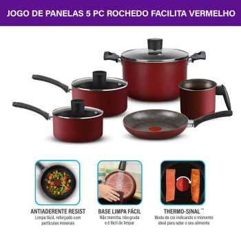 Jogo de Panelas Rochedo Facilita Vermelho 5 Peças