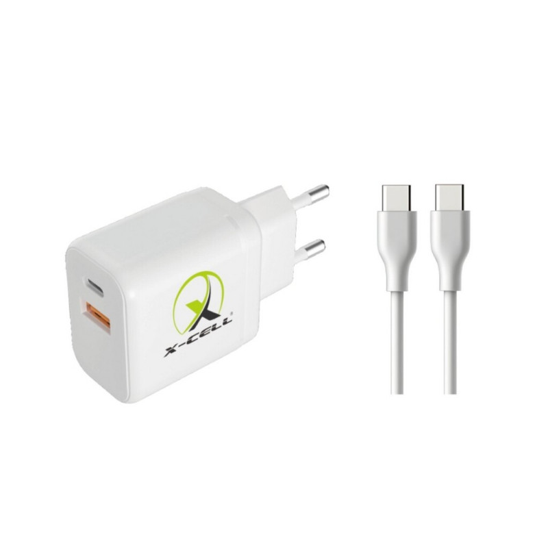 Carregador de Celular Parede com 2 Portas USB-A/USB-C 3.0A 40W GaN Bivolt Cabo Type-C Branco X-Cell - XC-UR100-B Carregador de Celular Parede com 2 Portas USB-A/USB-C 3.0A 40W GaN Bivolt Cabo Type-C Branco X-Cell - XC-UR100-B
