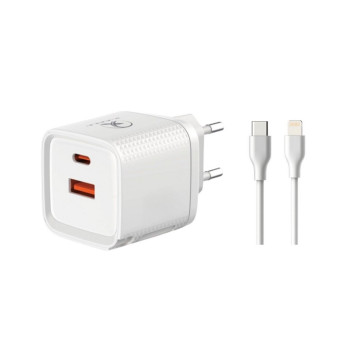 Carregador de Celular Parede com 2 Portas USB-A/USB-C 3.0A 45W GaN Bivolt Cabo Ligthning Branco X-Cell - XC-UR56B