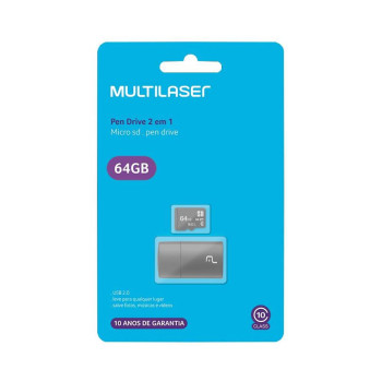 Cartão de Memória Multilaser 64 GB Micro SD+USB Classe 10 com Adaptador - MC164
