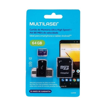 Cartão de Memória Multilaser 64 GB Micro Ultra High Speed Classe 10 SD+USB+OTG com Adaptador - MC152