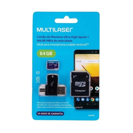 Cartão de Memória Multilaser 64 GB Micro Ultra High Speed Classe 10 SD+USB+OTG com Adaptador - MC152