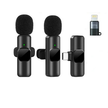 Microfone de Lapela Duplo sem Fio para Smartphone Type-C com Adaptador Lightning Preto - K9 - TC-F5
