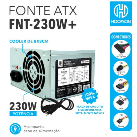 Fonte de Alimentação ATX Hoopson 230W Real Com Cabo e Caixa - FNT-230W+