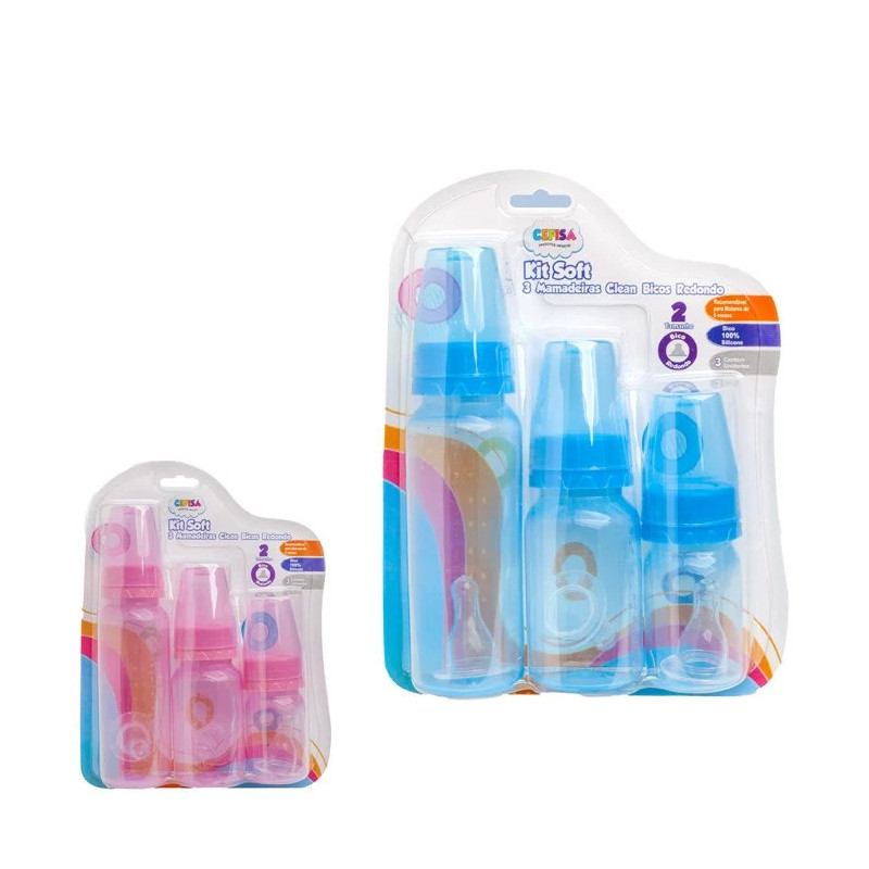 Kit mamadeira de plastico 3 pecas lisa com bico de silicone color