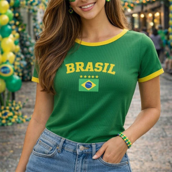 Blusa Camiseta Feminina Brasil Tecido Canelado Com Manga U / VERDE
