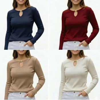 Blusa Feminina Canelada Manga Longa com Decote | Silva Shopping