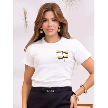 T-Shirt Feminina Estampa Golden Dragonflies Manga Curta