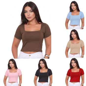 Blusa Cropped Suplex Decote Quadrado Manga Curta | Silva Shopping