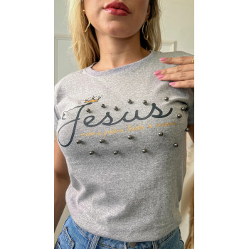 T-Shirt Feminina Jesus Pérolas Algodão Gola Ribana Cinza | Silva Shopping