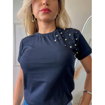 T-Shirt Feminina Algodão Pérolas Lateral Preta Gola Ribana | Silva Shopping