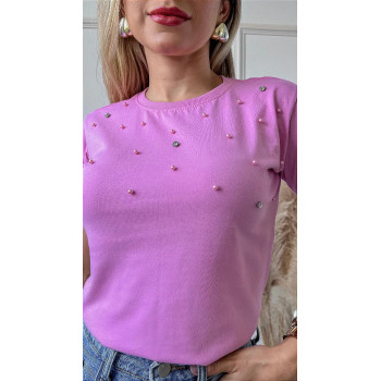T-Shirt Feminina Algodão Pérolas e Ponto de Luz Rosa Iogurte | Silva Shopping