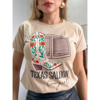 T-Shirt Feminina Algodão Bota Flores Nude Gola Ribana | Silva Shopping