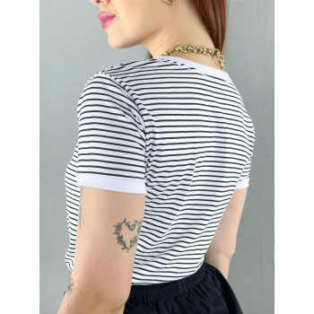 T-Shirt Feminina Algodão Listrada Branca Gola Ribana | Silva Shopping