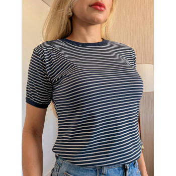 T-Shirt Feminina Algodão Listrada Azul Marinho Gola Ribana | Silva Shopping