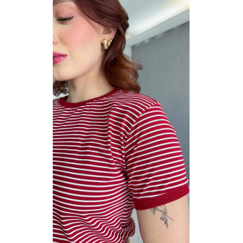 T-Shirt Feminina Algodão Listrada Vermelha Gola Ribana | Silva Shopping