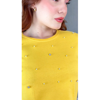 T-Shirt Feminina Algodão Pérolas e Ponto de Luz Amarela | Silva Shopping