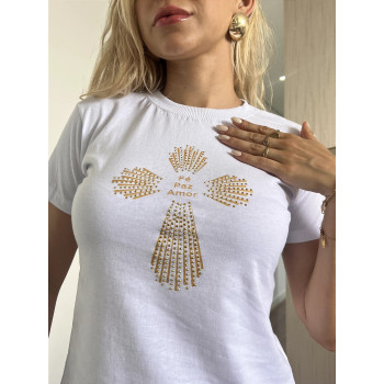 T-Shirt Feminina Cruz Fé Paz Amor Pedraria Branca | Silva Shopping