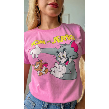 T-Shirt Feminina Tom e Jerry Rosa Iogurte Algodão | Silva Shopping