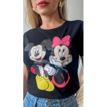 T-Shirt Feminina MN & MK Preta Algodão Gola Ribana | Silva Shopping