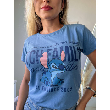 T-Shirt Feminina Stitch Family Azul Jeans Algodão | Silva Shopping