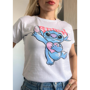 T-Shirt Feminina Stitch Coração Branca Algodão Gola Ribana | Silva Shopping