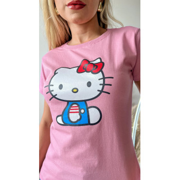 T-Shirt Feminina Hello Kitty Rosa Iogurte Algodão Gola Ribana | Silva Shopping