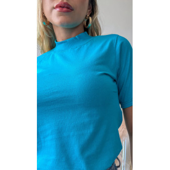 Blusa Feminina Gola Alta Básica Azul Turquesa Algodão | Silva Shopping