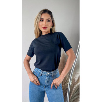 Blusa Feminina Gola Alta Básica Preta Algodão | Silva Shopping