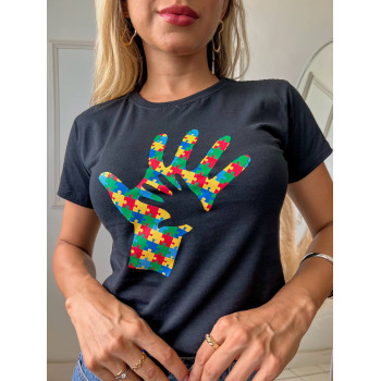 T-Shirt Feminina Autismo Preta Algodão Gola Ribana | Silva Shopping
