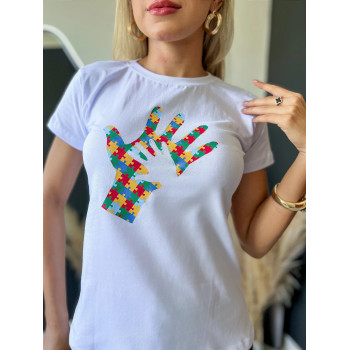 T-Shirt Feminina Autismo Branca Algodão Gola Ribana | Silva Shopping