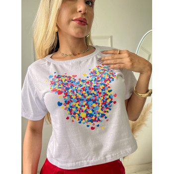 Cropped Feminino MK Cabeça Corações Colors Branco Algodão | Silva Shopping