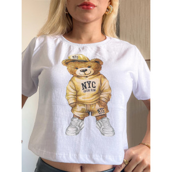 Cropped Feminino Ursinho Ted Branco Algodão Gola Ribana | Silva Shopping