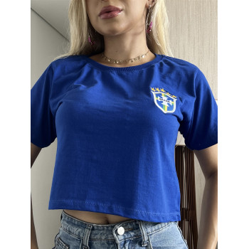 Cropped Feminino Brasil Brasão Bordado Azul Algodão | Silva Shopping