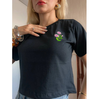 Cropped Feminino Bordado Minimalista Flores Preto Algodão | Silva Shopping