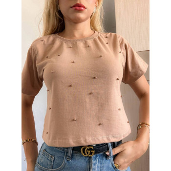 Cropped Feminino Pérolas Nude Algodão Gola Ribana | Silva Shopping